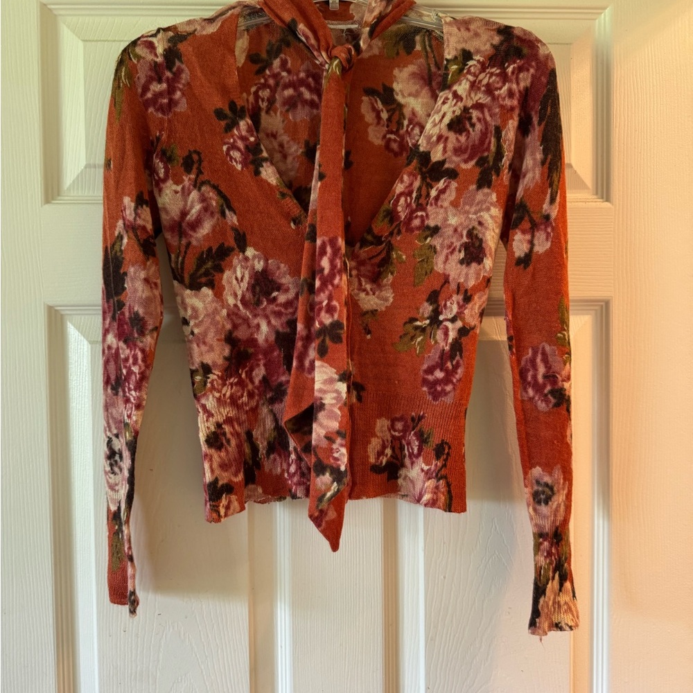 Floral Tie-Neck Women's Top - Orange and Pink